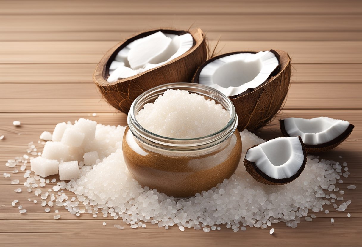 A glass jar filled with sea salt and coconut oil body scrub sits on a wooden table, surrounded by scattered sea salt crystals and coconut shells