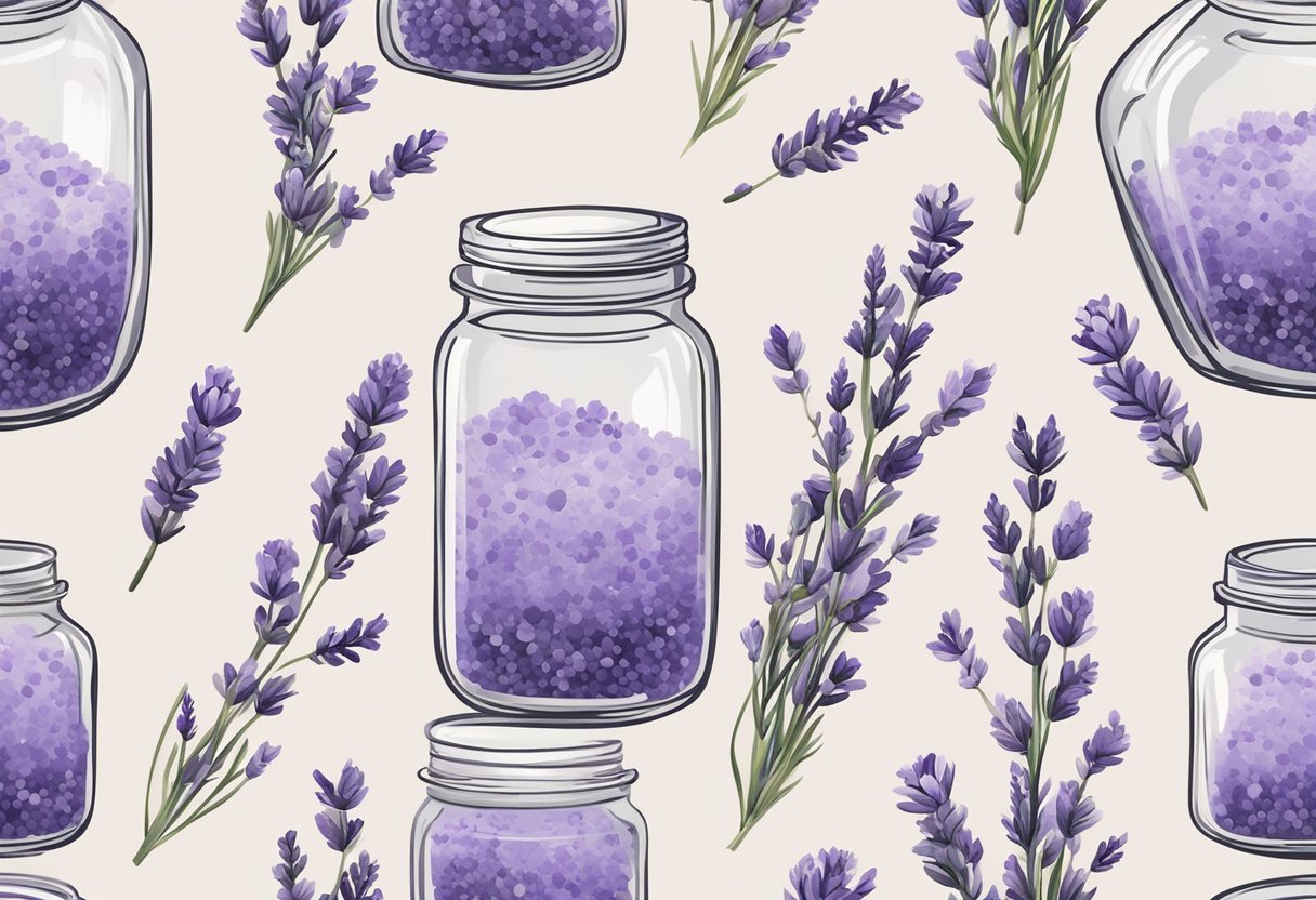 A clear glass jar filled with sea salt and lavender bath soak, surrounded by scattered lavender flowers and a sprig of fresh lavender