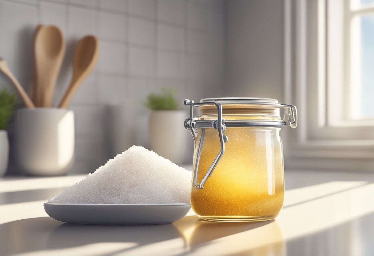 A small glass jar filled with a thick mixture of sea salt and honey, sitting on a clean white countertop with natural light streaming in from a nearby window
