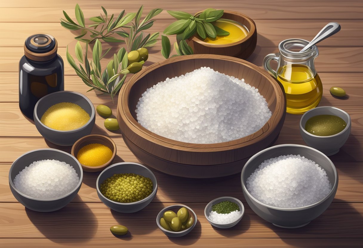 A small bowl filled with sea salt and olive oil sits on a wooden table, surrounded by jars of various ingredients. A spoon and measuring cup rest nearby