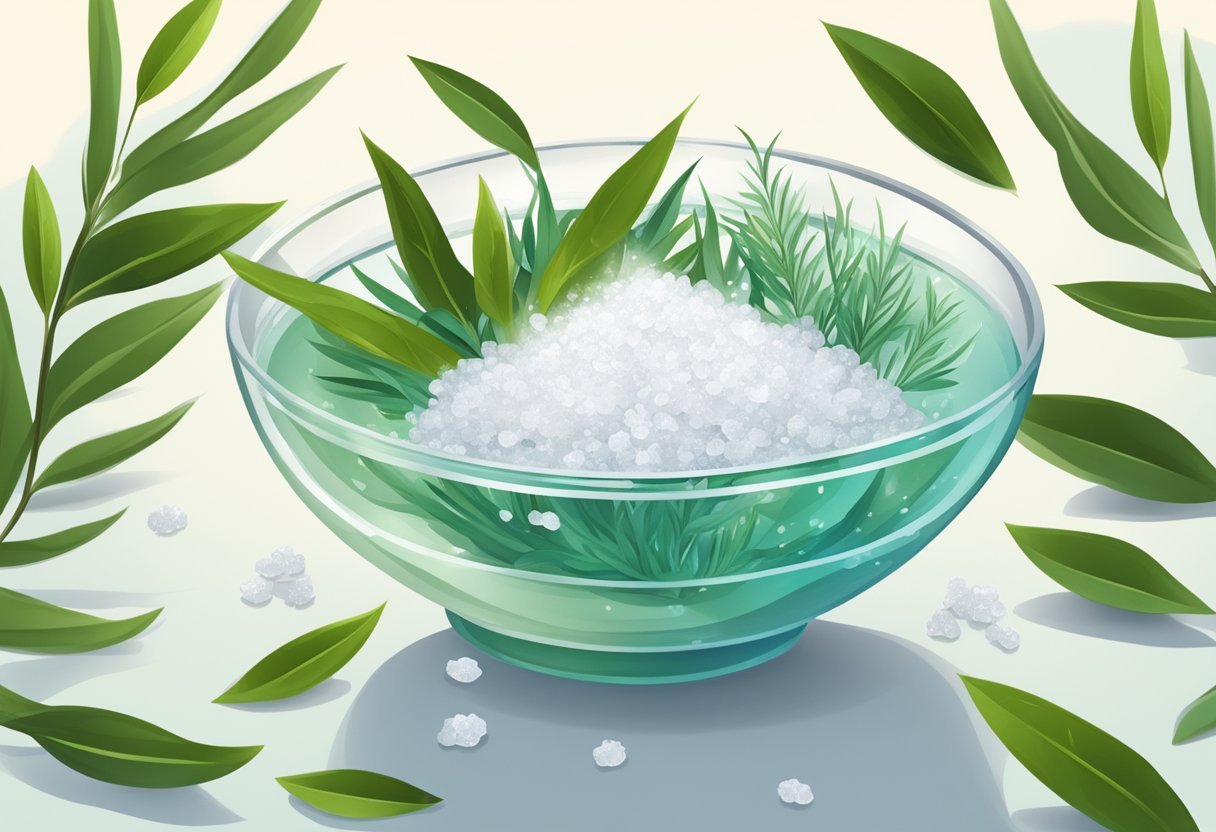 A clear glass bowl filled with sea salt and tea tree oil foot soak, surrounded by scattered sea salt and tea tree leaves