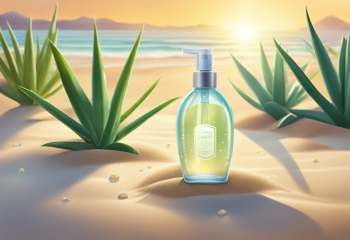A clear spray bottle sits on a sandy beach, surrounded by aloe vera plants and sea salt. The sun shines down on the scene, creating a warm and soothing atmosphere