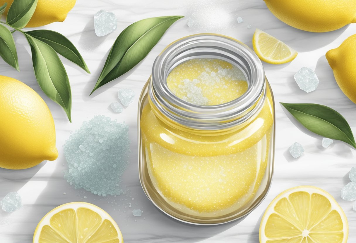 A glass jar filled with sea salt and lemon scrub sits on a white marble countertop, surrounded by fresh lemons and a sprinkle of sea salt