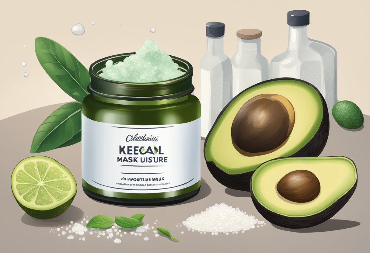 A jar of deep moisture mask sits on a table, surrounded by sea salt and avocado oil. Ingredients are scattered around, with a recipe book open to the page for the mask