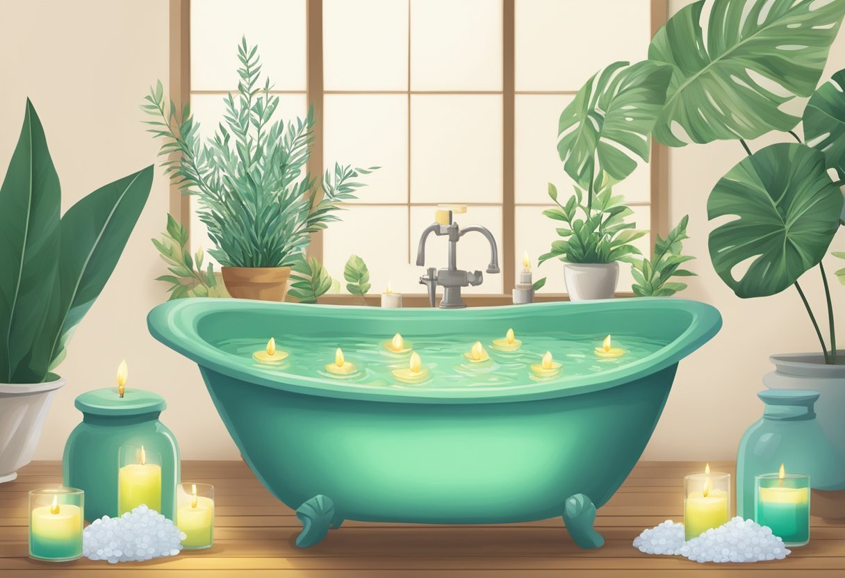 A serene bathtub filled with sea salt and green tea, surrounded by candles and plants