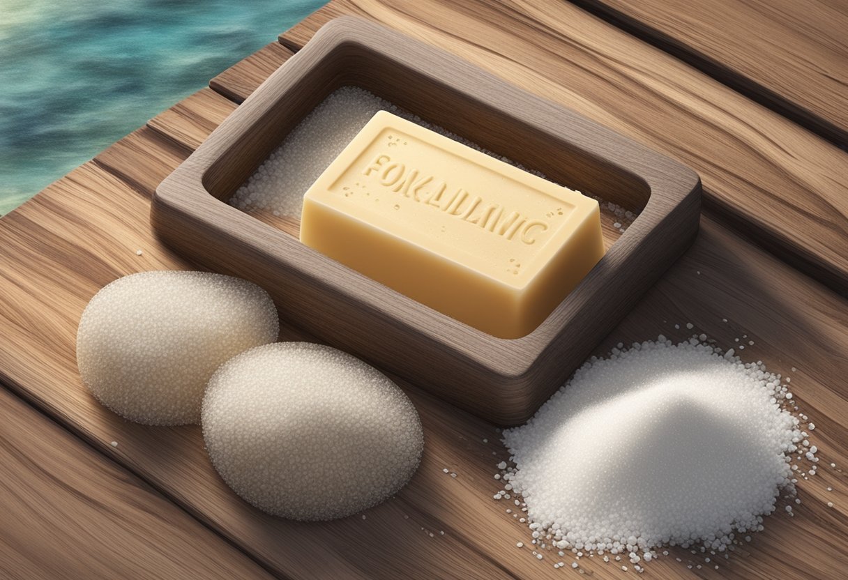A bar of exfoliating soap sits on a rustic wooden surface, surrounded by sea salt and jojoba oil. The soap is textured and speckled with natural ingredients, evoking a sense of gentle skincare