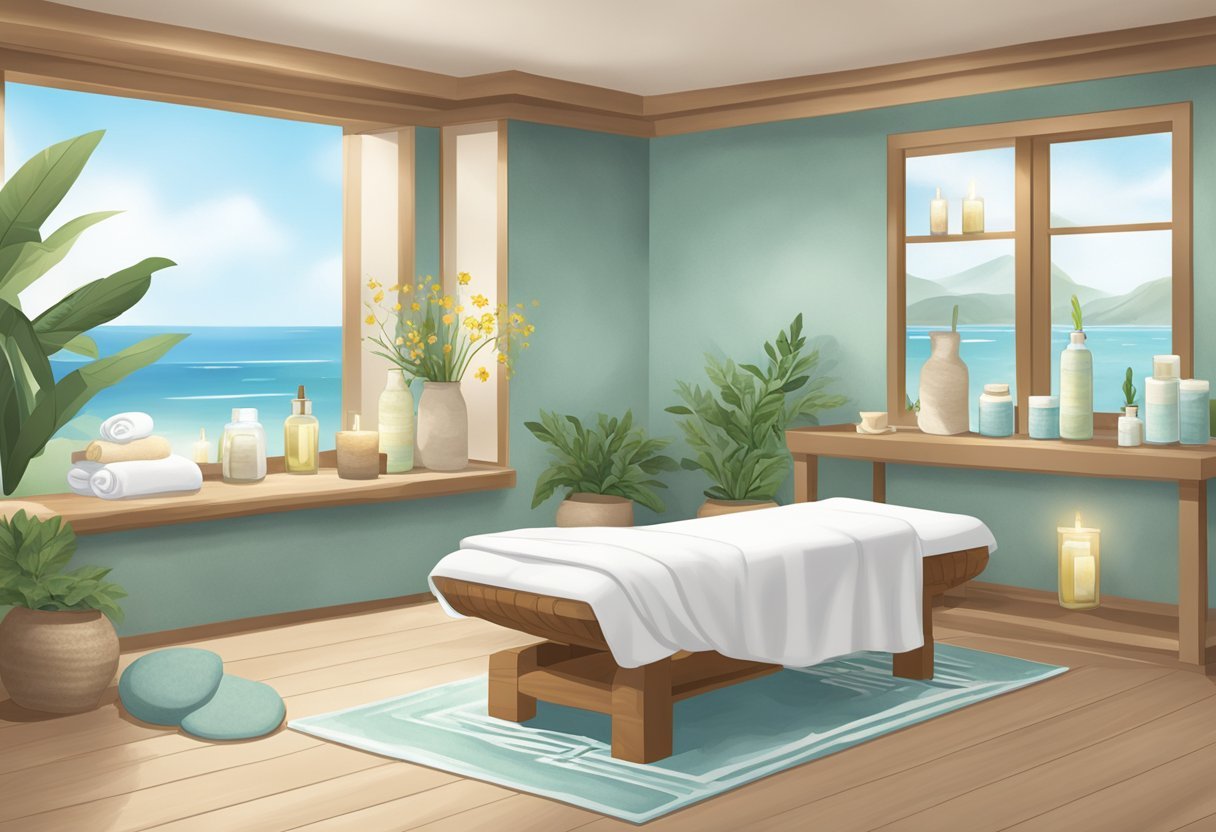 A serene spa room with a chamomile and sea salt body wrap station, surrounded by soothing colors and natural elements