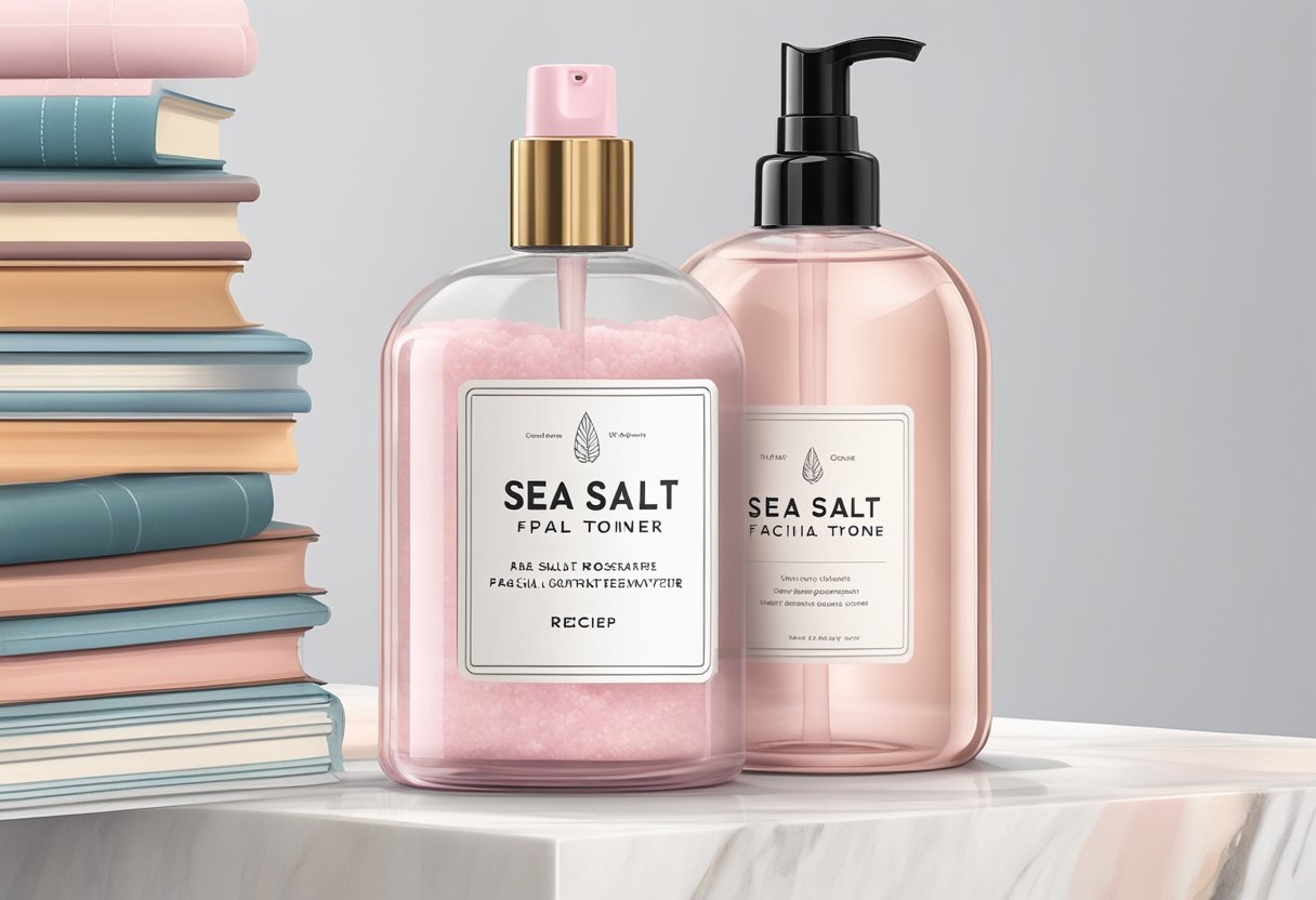 A clear glass bottle with a spray top filled with a pale pink liquid labeled "Sea Salt and Rosewater Facial Toner" sits on a marble countertop next to a stack of recipe books