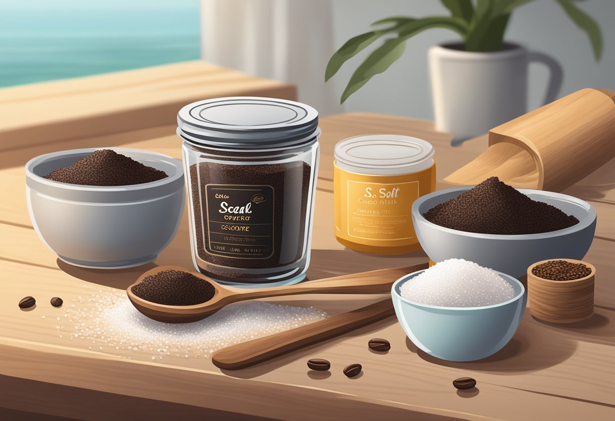 A jar of sea salt and coffee scrub sits on a wooden table, surrounded by ingredients. A spoon and mixing bowl are nearby
