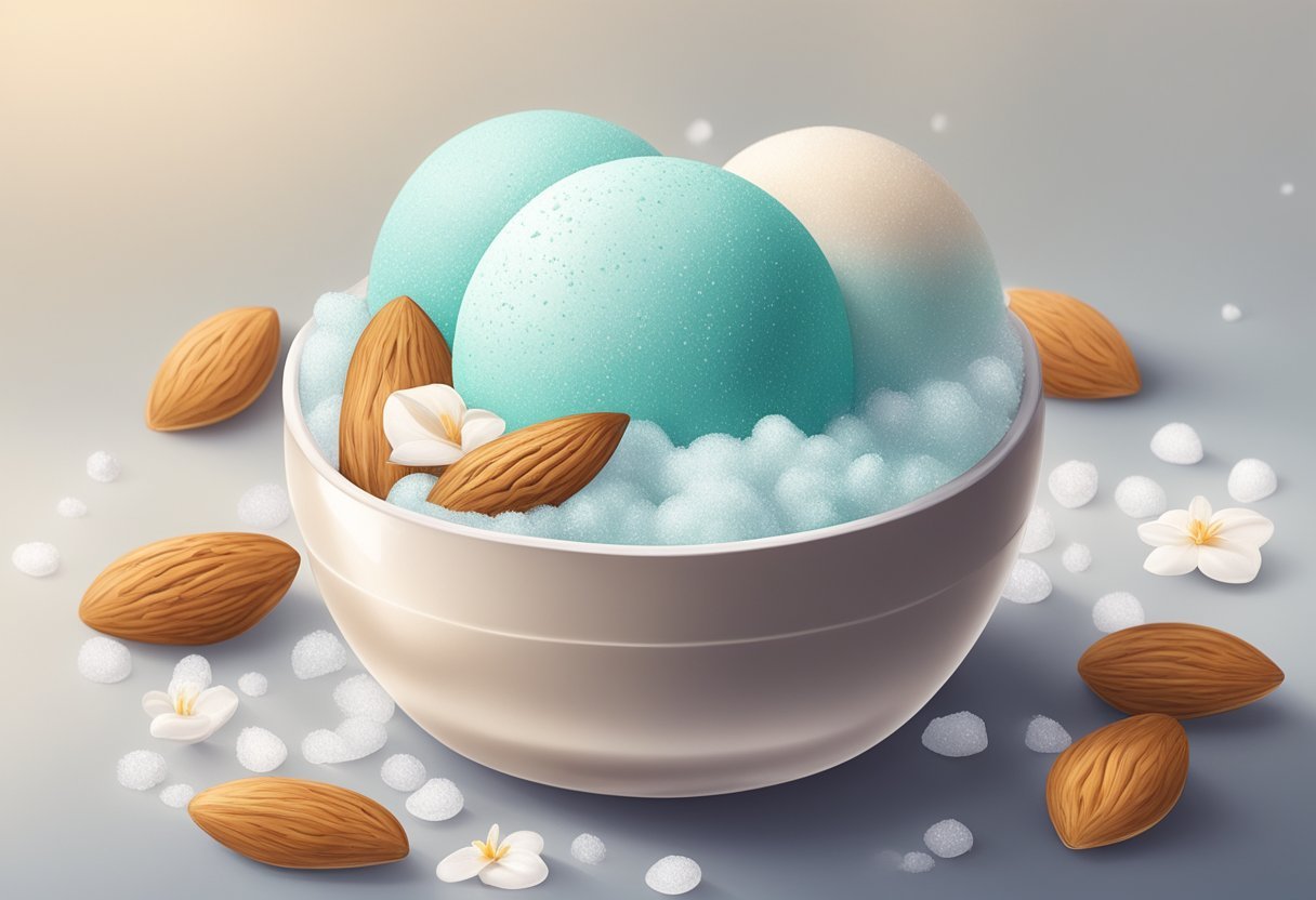 A sea salt and almond milk bath bomb fizzing in a tub of warm water, releasing a soothing aroma and creating a luxurious spa-like atmosphere