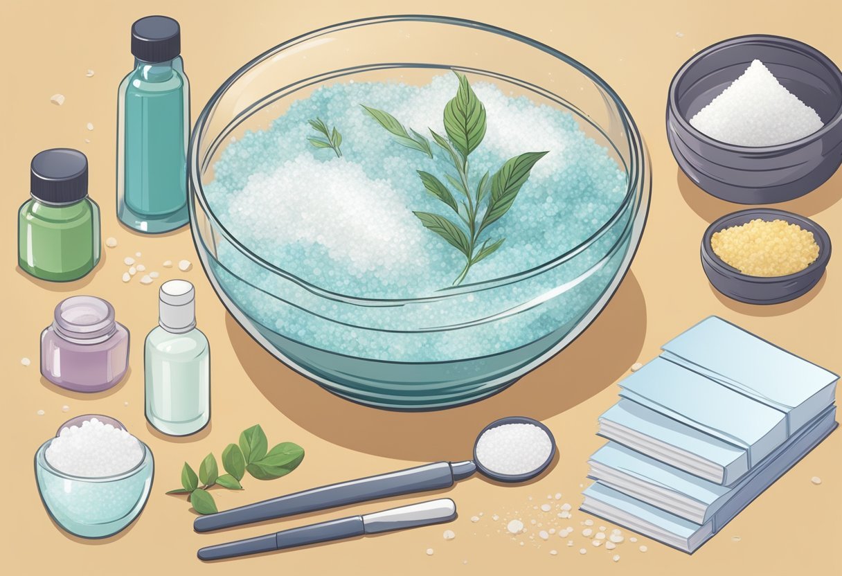 Sea salt and witch hazel astringent being mixed in a glass bowl, surrounded by various skincare ingredients and recipe book