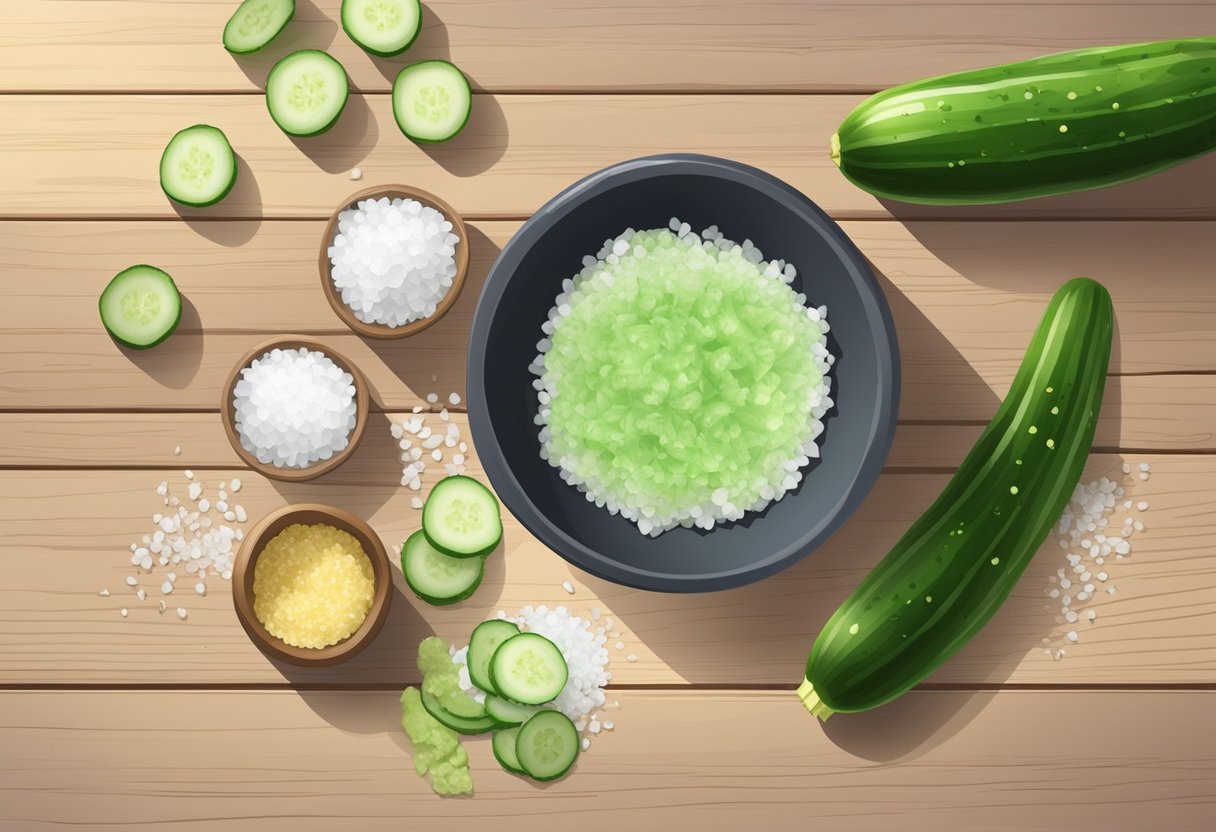 A bowl of sea salt and cucumber foot scrub sits on a wooden table, with a fresh cucumber and sea salt scattered around