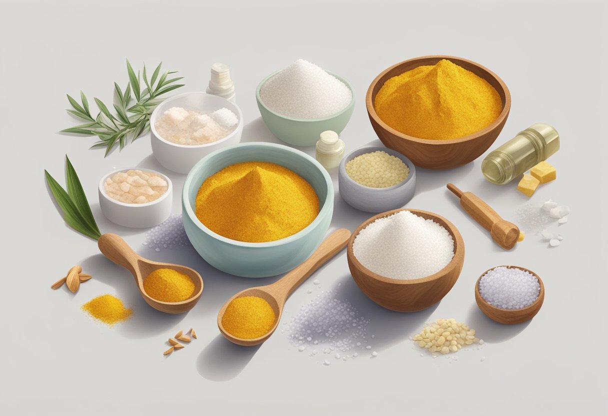 A small bowl filled with sea salt and turmeric paste, surrounded by various skincare ingredients and tools on a clean, white surface
