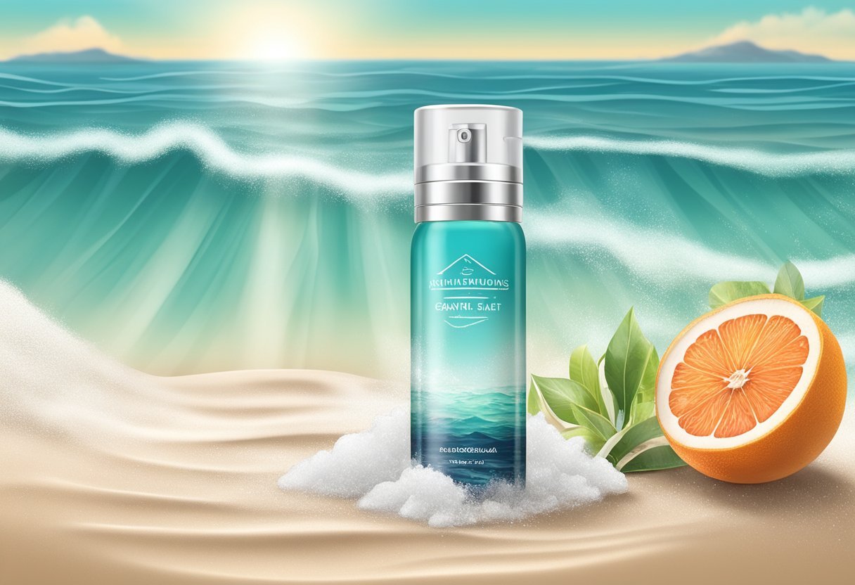 A clear glass bottle with a misting nozzle sprays a refreshing sea salt and grapefruit body spray against a backdrop of ocean waves and a sandy beach