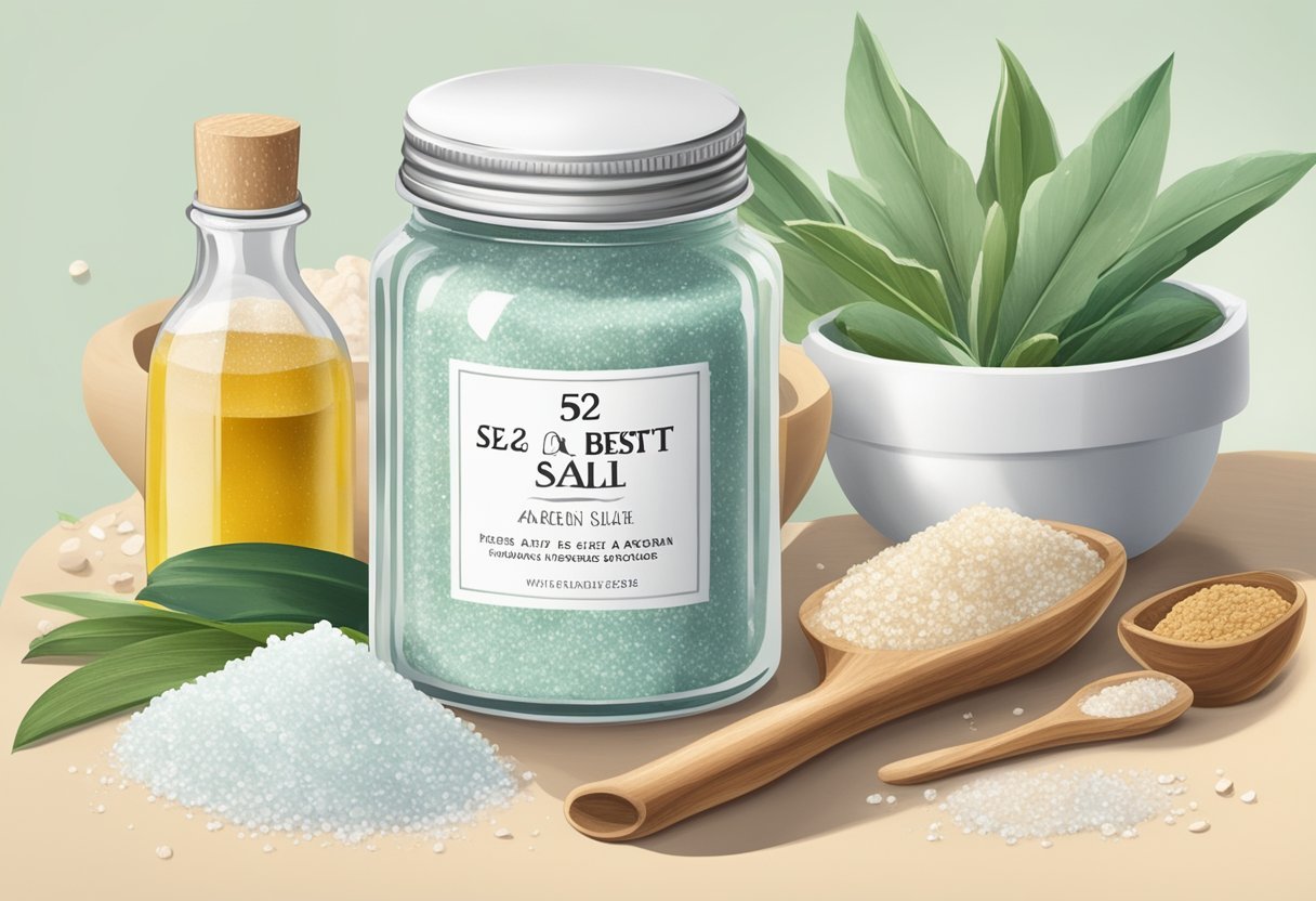 A clear glass jar filled with sea salt and argan oil hair texturizer, surrounded by various ingredients and a recipe book titled "52 Best DIY Homemade Skincare Recipes with Sea Salt."