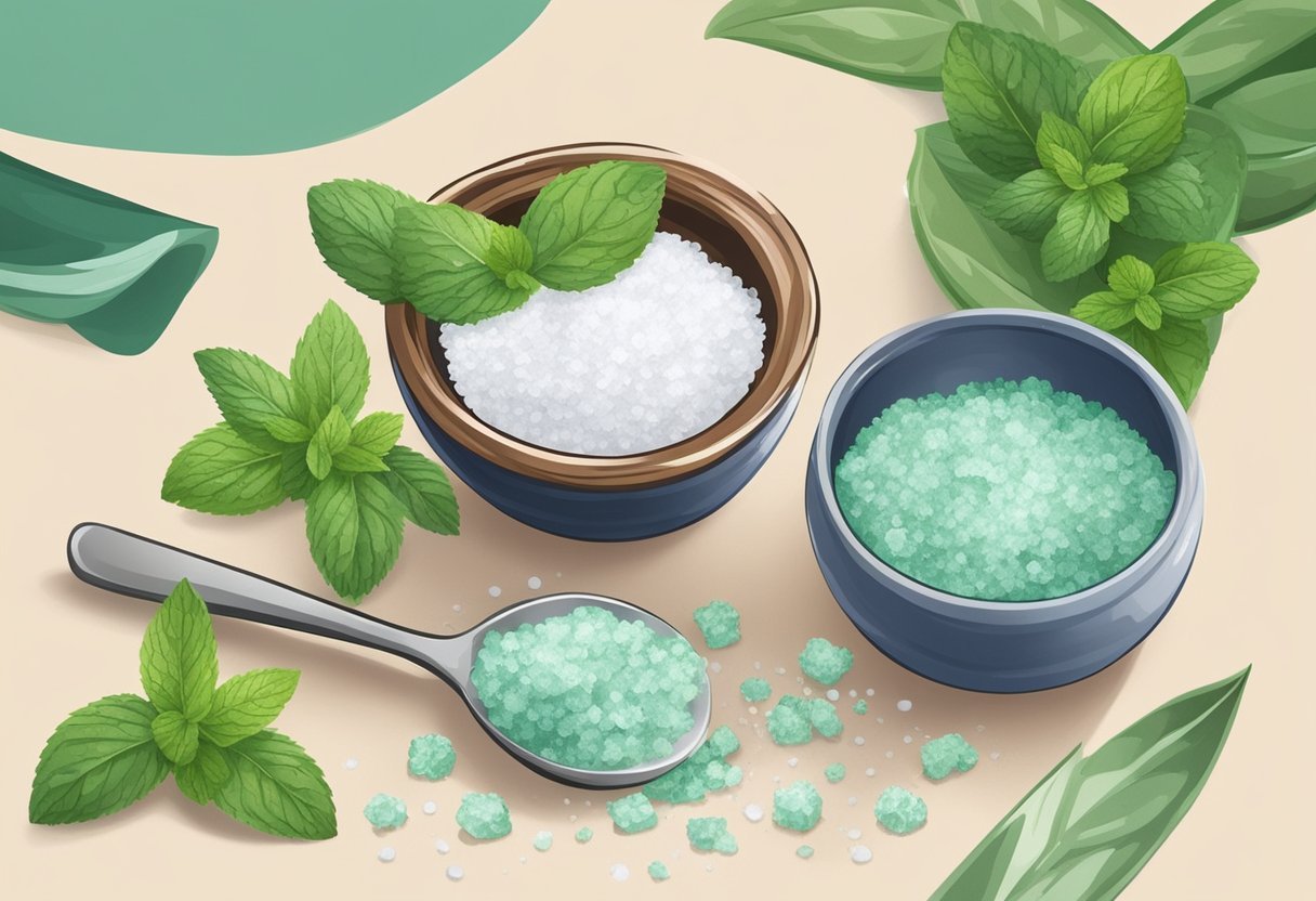 Sea salt and mint lip exfoliator being mixed in a small bowl with a spoon, surrounded by ingredients like sea salt and mint leaves