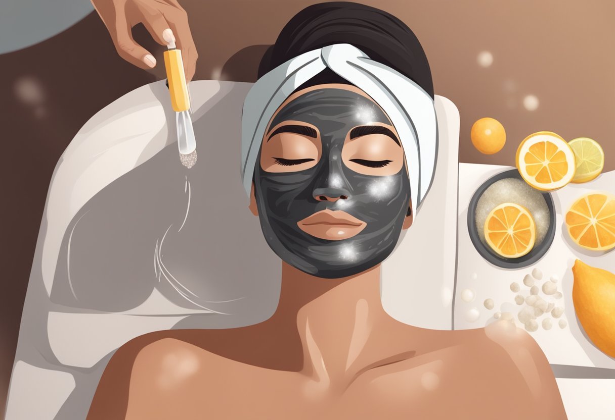 A woman applies a thick charcoal and sea salt face mask, her skin glowing as she relaxes in a spa-like setting