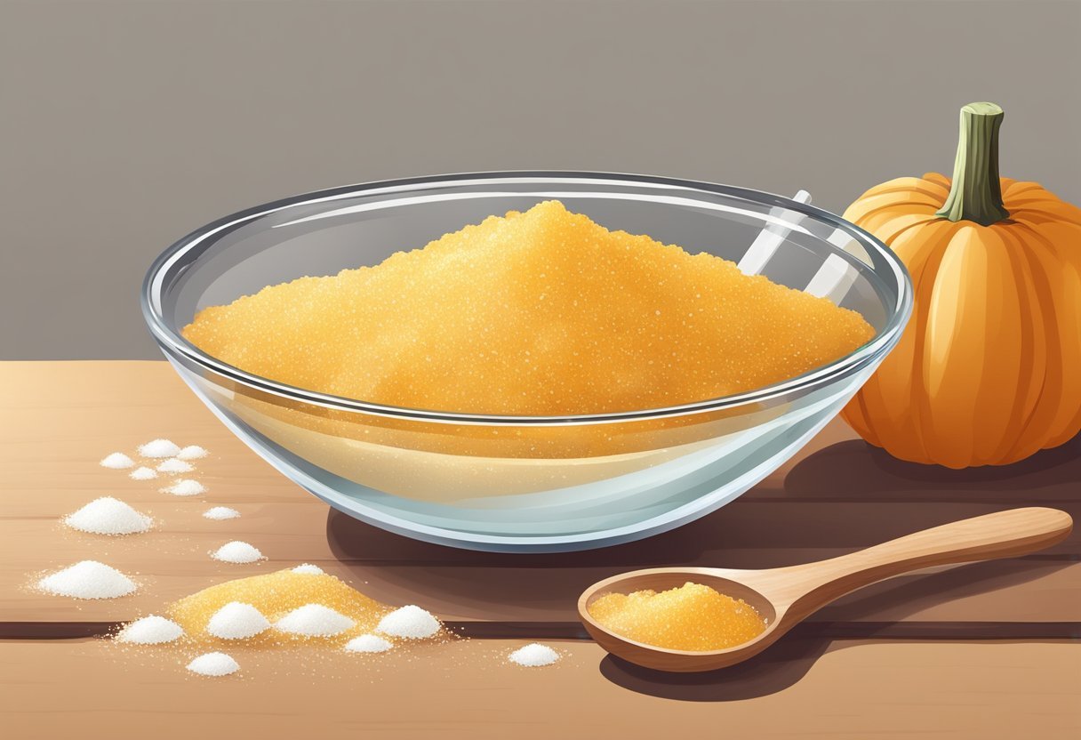 Sea salt and pumpkin enzyme peel being mixed in a glass bowl with a wooden spoon