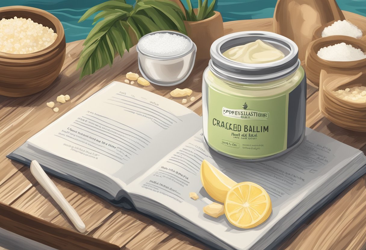 A jar of cracked heel balm sits on a wooden table, surrounded by sea salt and shea butter. The ingredients are neatly arranged, with a recipe book open nearby