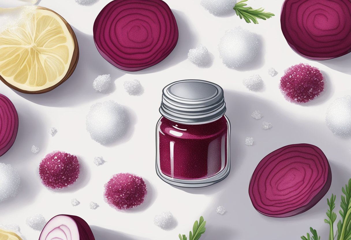 A small glass jar filled with a deep red lip stain made from sea salt and beetroot sits on a clean white countertop, surrounded by scattered sea salt crystals and fresh beetroot slices