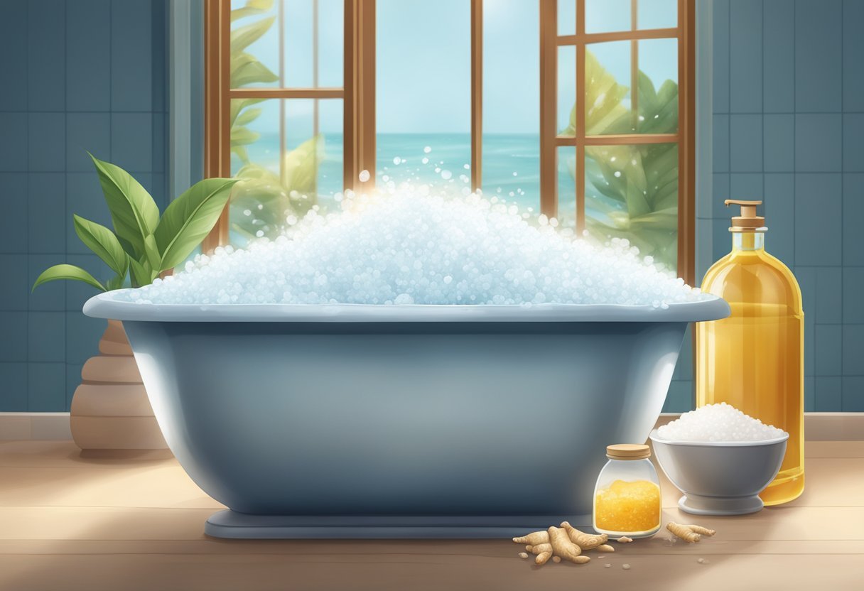 A bathtub filled with warm water, sea salt, and ginger, with steam rising from the surface. A jar of sea salt and ginger bath soak sits on the edge