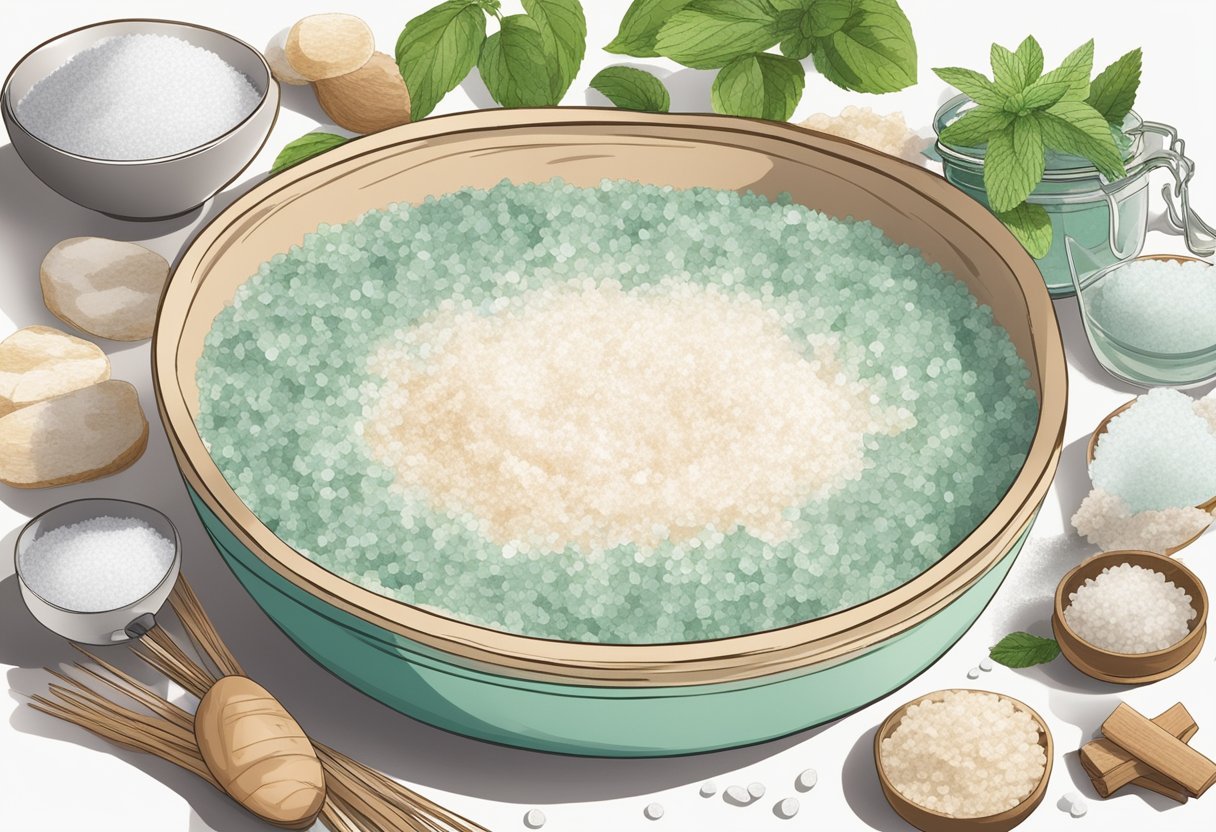 A foot bath bowl filled with sea salt and peppermint, surrounded by ingredients and a recipe book titled "52 Best DIY Homemade Skincare Recipes with Sea Salt."