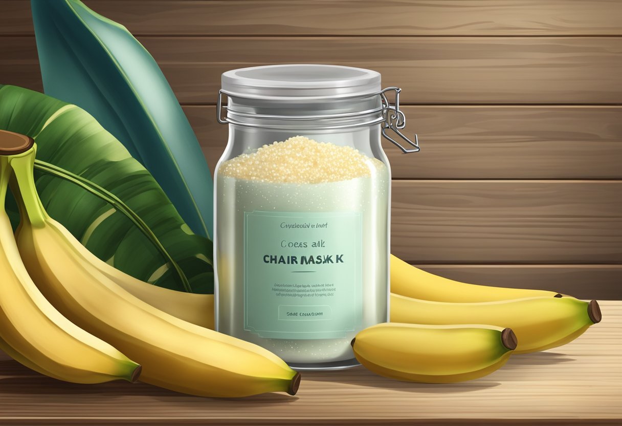 A glass jar filled with a creamy hair mask, surrounded by fresh bananas and a sprinkle of sea salt on a wooden table