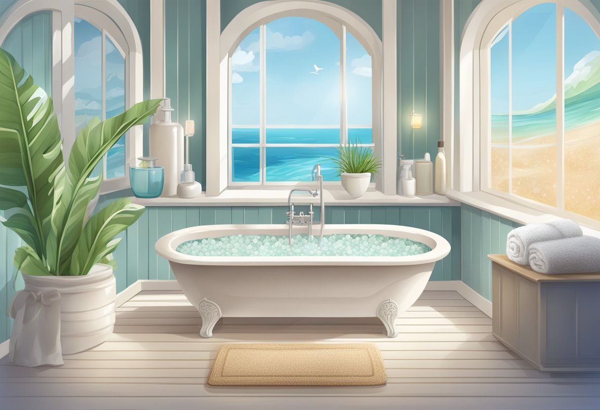 A relaxing bath filled with sea salt and oatmeal, creating a soothing and healing environment for the skin