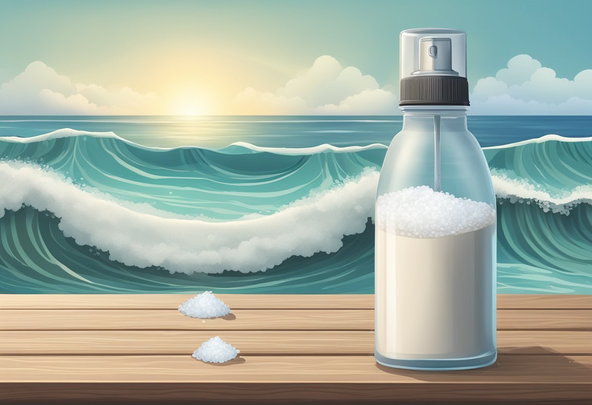A clear spray bottle filled with sea salt and rice water solution, sitting on a wooden table with a backdrop of ocean waves and a jar of sea salt