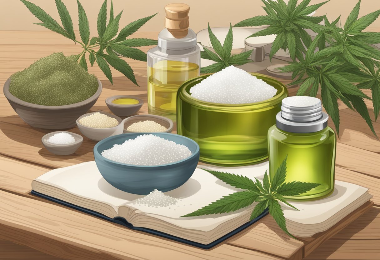 A glass jar filled with sea salt and hemp seed oil sits on a wooden table, surrounded by various skincare ingredients and recipe books