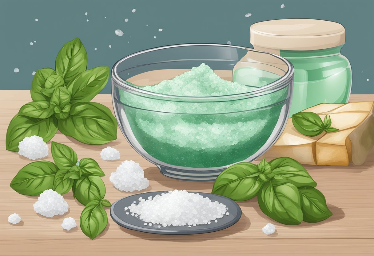 A glass bowl filled with sea salt and basil paste, surrounded by scattered ingredients and a recipe book open to "Sea Salt and Basil Anti-Acne Mask."