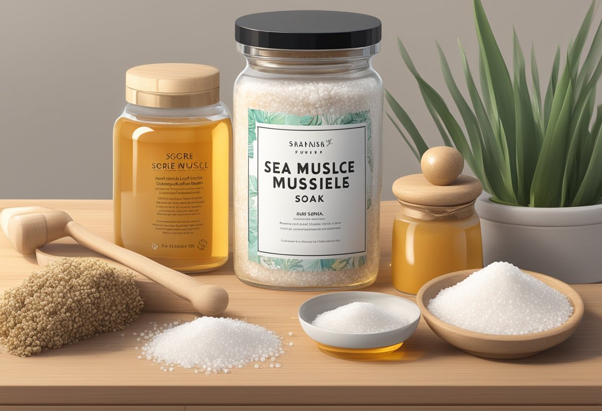 A glass jar of sea salt and honey soak sits on a wooden shelf, surrounded by other skincare ingredients. The label reads "Sore Muscle Soak."