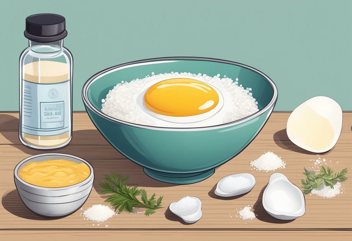 A small bowl with sea salt and egg white mask, surrounded by ingredients and a recipe book