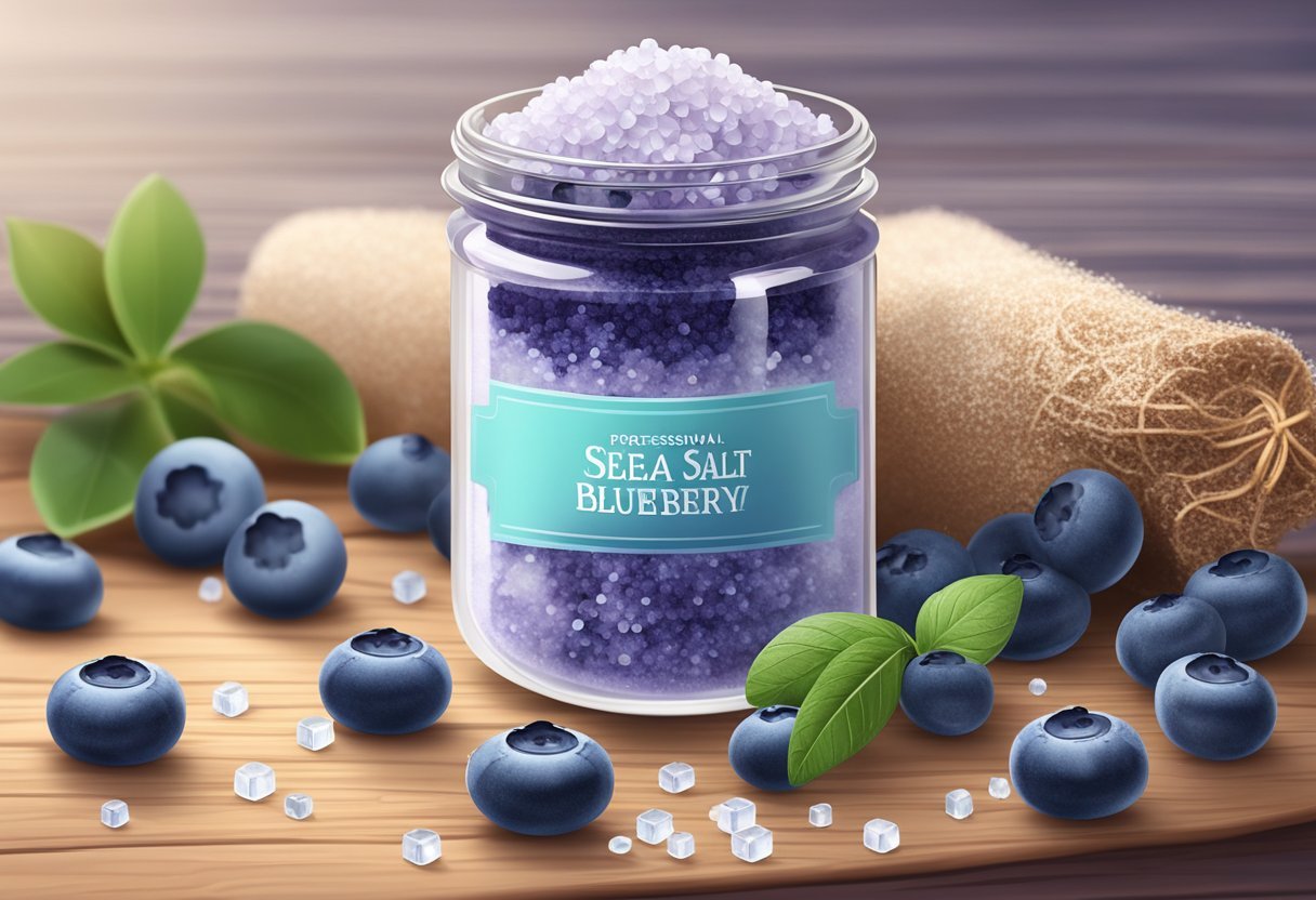 Sea salt and blueberry scrub in a glass jar, surrounded by fresh blueberries and sea salt crystals on a wooden table