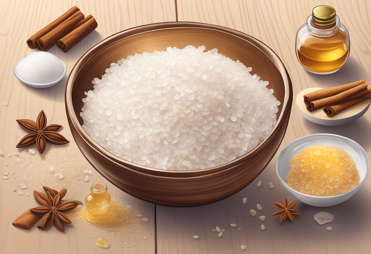 A bowl of sea salt and cinnamon scalp treatment sits on a wooden table, surrounded by ingredients like coconut oil and honey