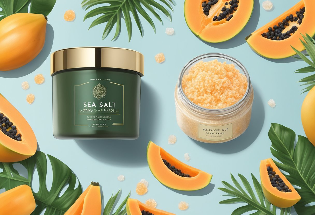 A jar of Sea Salt and Papaya Body Polish sits on a marble countertop, surrounded by fresh papaya and a sprinkle of sea salt. A soft glow highlights the luxurious texture of the polish