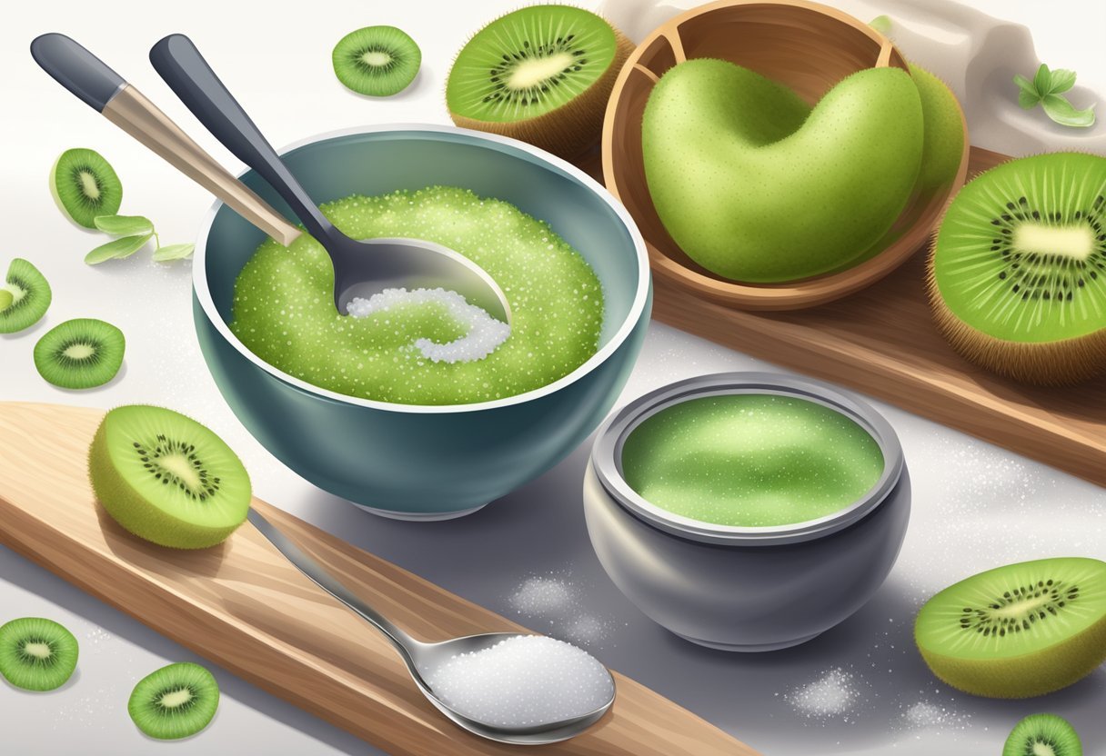 A bowl of sea salt and kiwi mixed together, with a spoon and a jar of scrub nearby