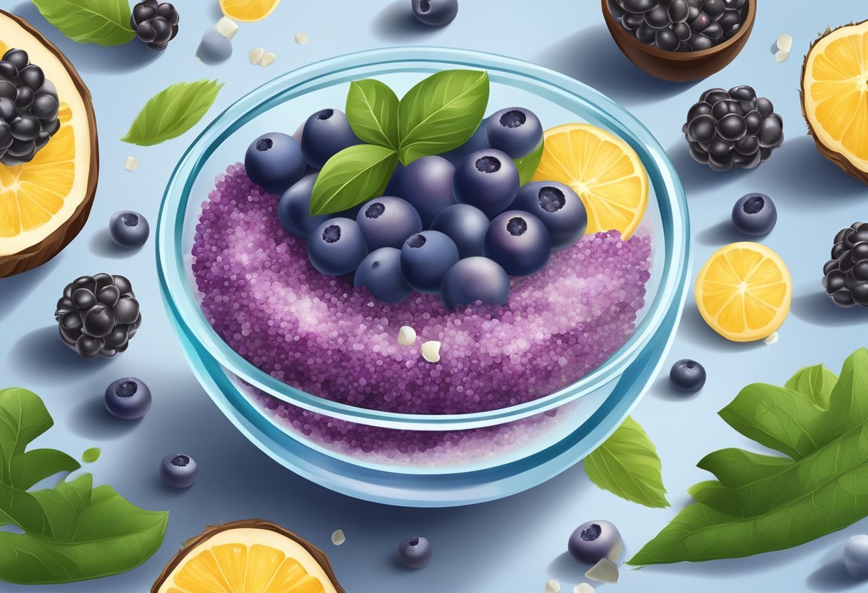A glass bowl filled with sea salt and acai berries, surrounded by natural ingredients and essential oils
