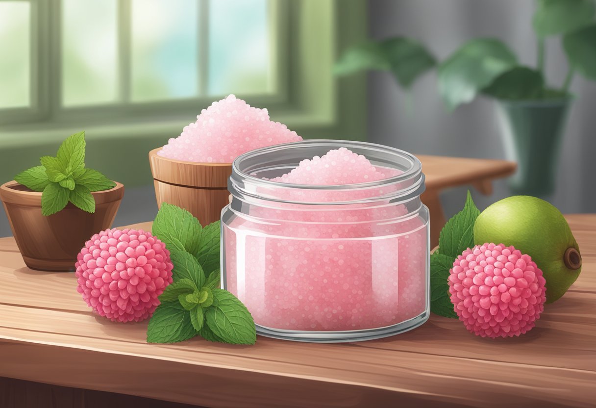 A glass jar filled with pink sea salt and lychee hand scrub sits on a wooden table, surrounded by fresh lychee fruits and a sprig of mint