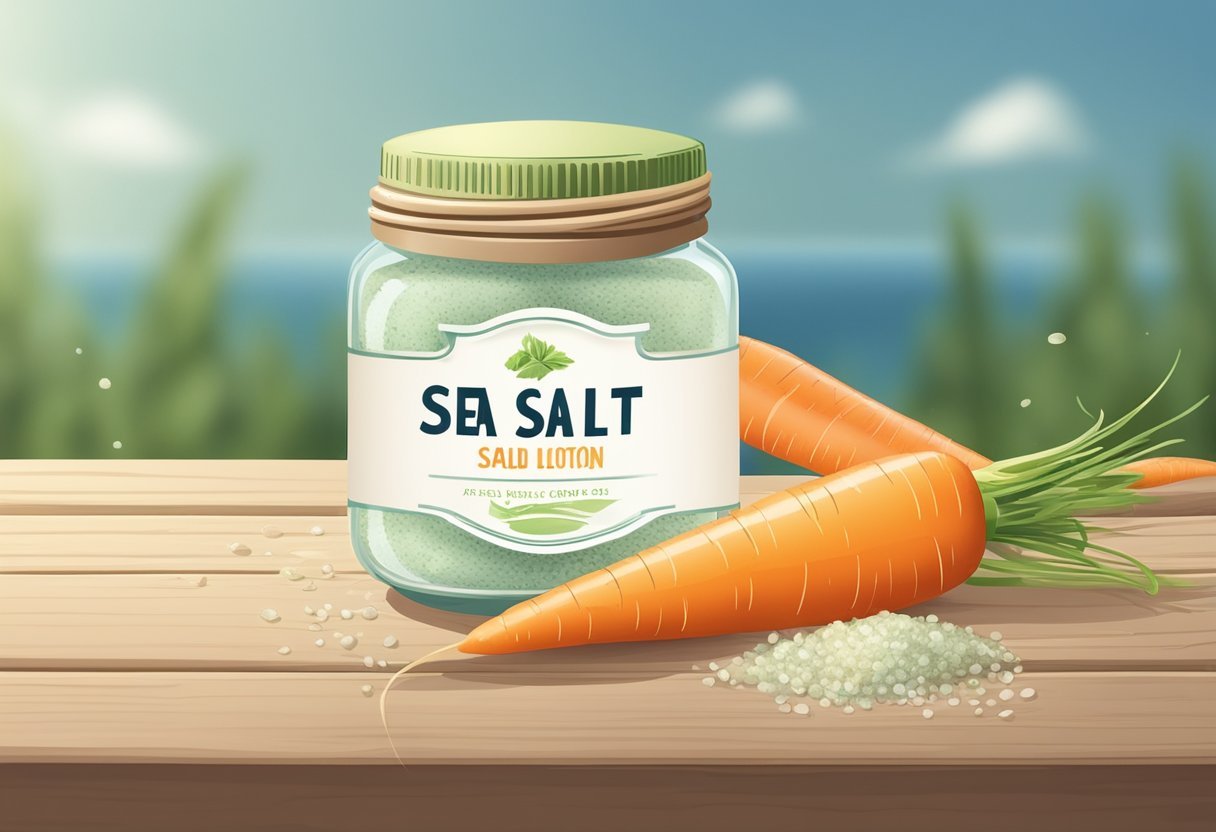 A glass jar of Sea Salt and Carrot Seed After-Sun Lotion surrounded by fresh carrots and a sprinkle of sea salt on a wooden table