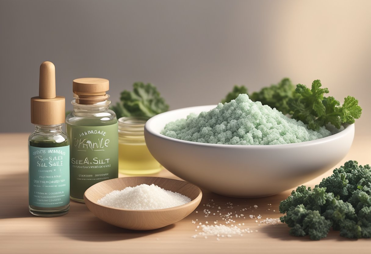 A bowl of sea salt and kale mix sits next to a jar of homemade skincare products, surrounded by natural ingredients like herbs and oils