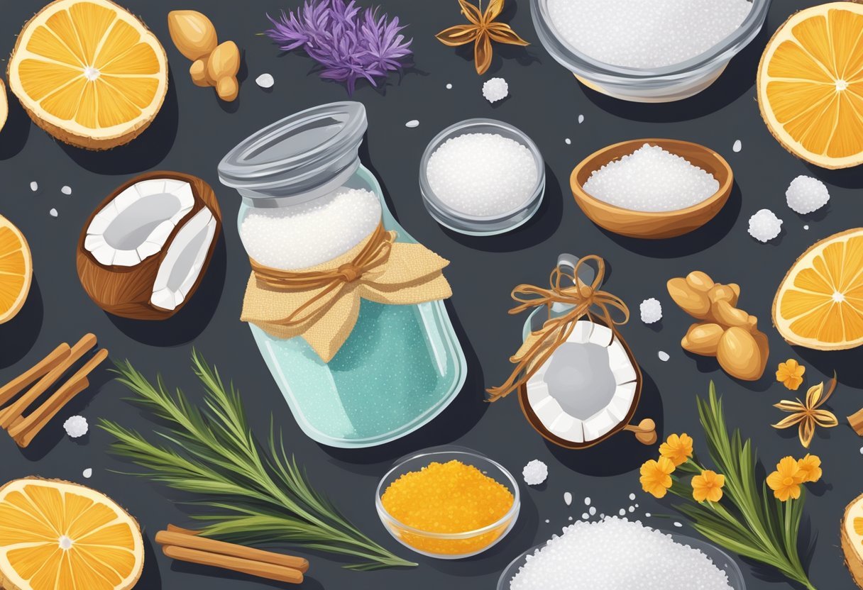 A glass jar filled with sea salt and saffron sits on a wooden table surrounded by fresh ingredients like honey, coconut oil, and essential oils