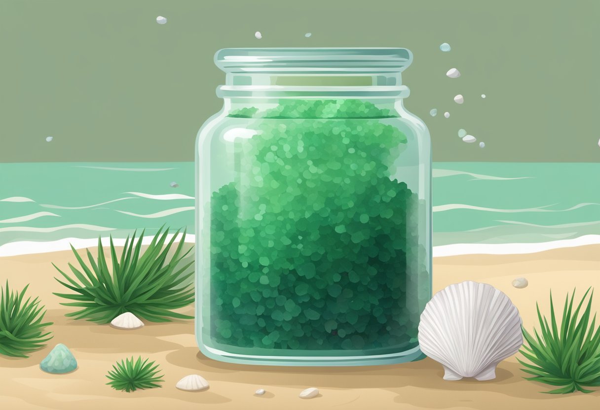 A glass jar filled with green sea salt and spirulina body mask, surrounded by fresh seaweed and a seashell on a sandy beach