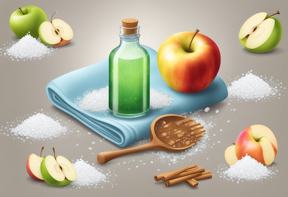 A clear glass bottle filled with sea salt and apple cider vinegar dandruff rinse, surrounded by fresh sea salt and apples