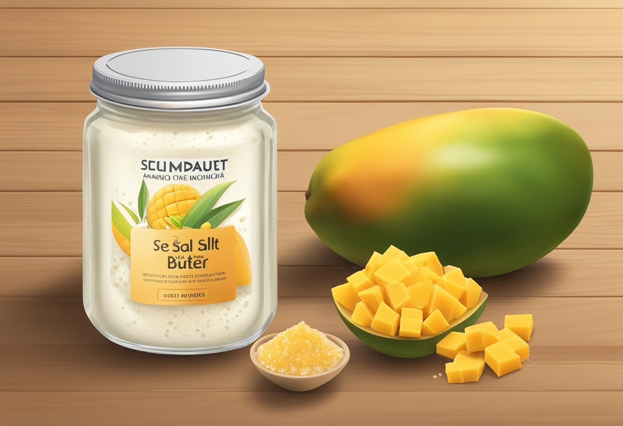 A jar of sea salt and mango butter foot cream sits on a wooden table surrounded by fresh mangoes and a sprinkle of sea salt