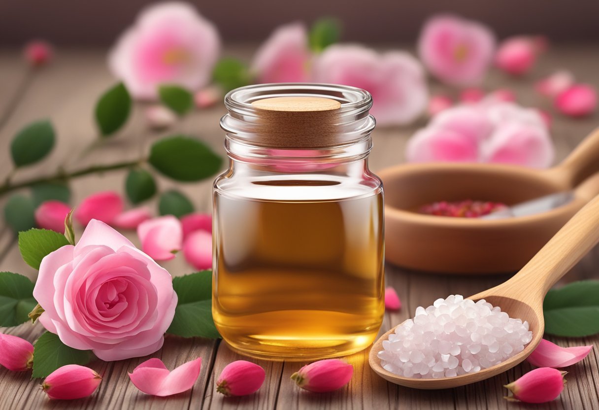 A clear glass jar filled with sea salt and rose hip oil sits on a wooden table, surrounded by fresh rose petals and a small wooden spoon