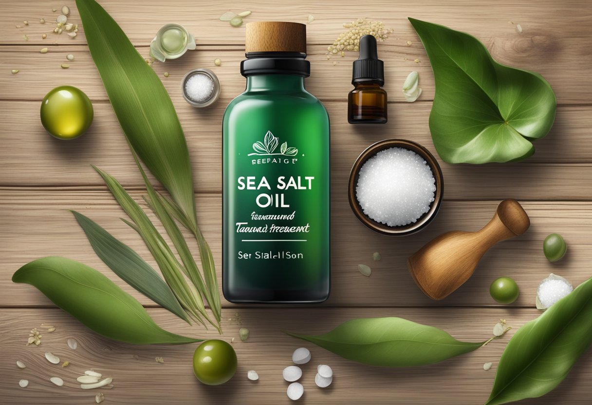 A small glass bottle of sea salt and tamanu oil spot treatment sits on a rustic wooden table, surrounded by fresh ingredients and essential oils