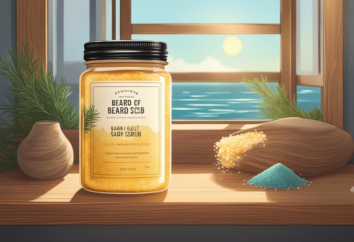 A jar of beard scrub sits on a wooden shelf, surrounded by sea salt and cedarwood. Sunlight filters through a nearby window, casting a warm glow on the ingredients