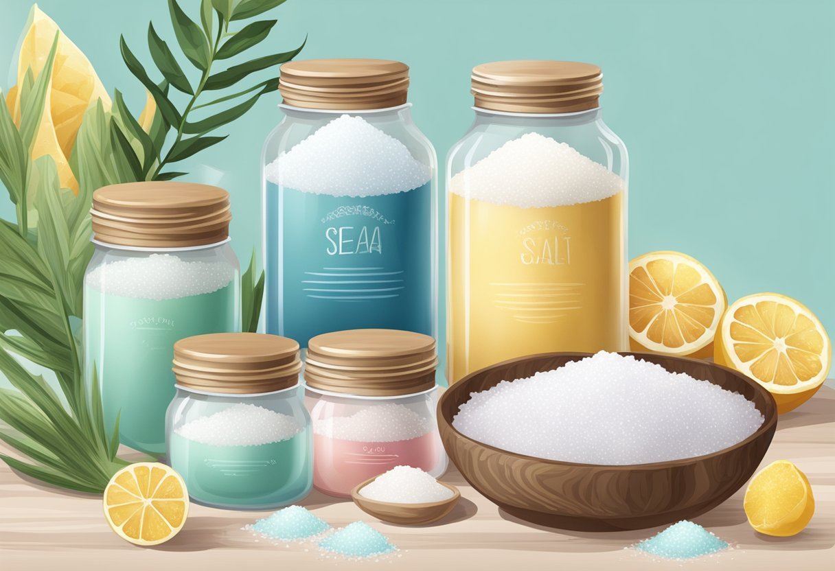 A table filled with jars of sea salt and ingredients for skincare recipes