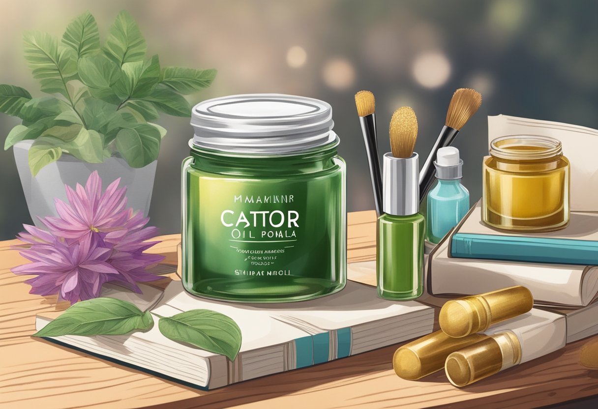 A small glass jar filled with shimmering Castor Oil and Mica Powder lip gloss, sitting on a wooden table surrounded by various plant-based ingredients and recipe books